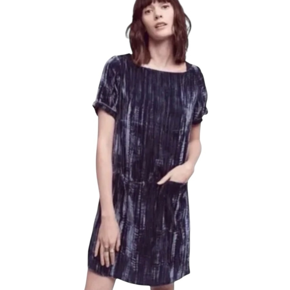 Anthropologie Floreat Blue Velvet Crinkle Short Sleeve Shift Dress Women Medium - Picture 2 of 11